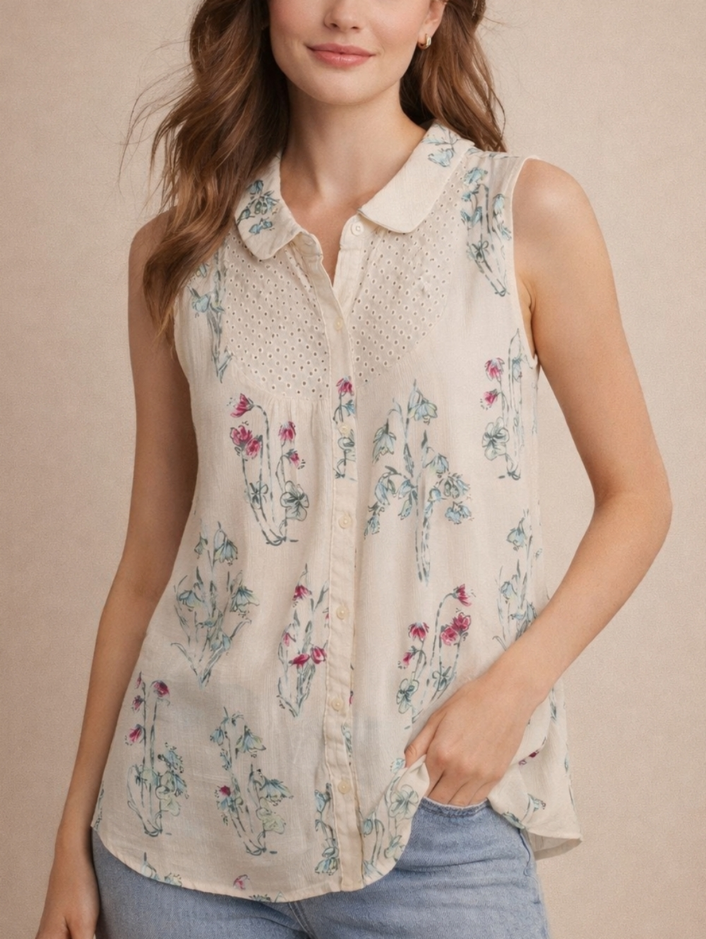 Disney LC Lauren Conrad Floral Blouse L Cream Sleeveless Cottagecore Alice